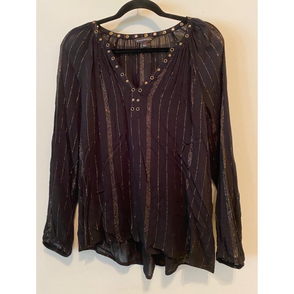 Rock & Republic Tunic Top Black Sheer Long Sleeve Blouse Gold Stripes & Studs XS